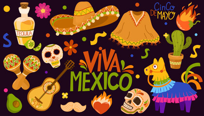 Mexican fiesta set. Bright festival party decoration, Cinco de Mayo. May 5, Pinat, food, sombrero, tequila, cactus. Hand drawn Vector isolated illustrations