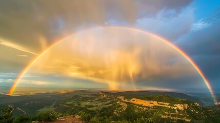 A vibrant rainbow arcs across the sky, bringing color and joy to a stormy landscape.