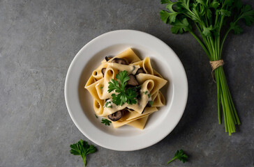 Mushroom pasta pappardelle with cream sauce and parsle