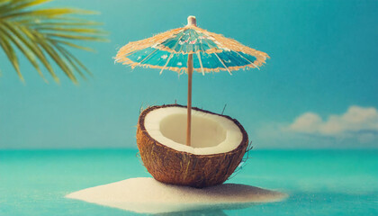 Tropical Beach Concept Made of Coconut Fruit and Sun Umbrella - obrazy, fototapety, plakaty