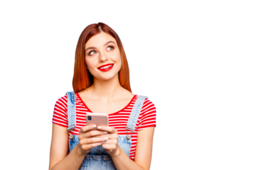 Portrait of nice vivid girlish red straight-haired happy smiling minded young girl thinking about sms texting chatting conversation, isolated over blue background, copy space