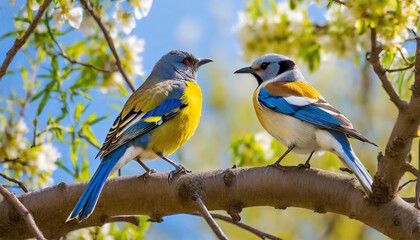 Two Birds Sit on Branch and Look at Each Other - Powered by Adobe