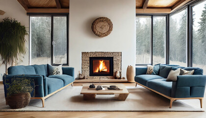 Fototapeta na wymiar Two Blue Sofas Near Fireplace. Scandinavian Home Interior Design of Modern Living Room in Chalet