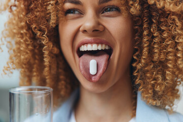 Woman making funny face with pill in front of her, showing curly hair and sticking out tongue