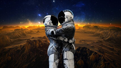 Fototapeta premium Two astronauts embracing on an alien planet, with a horizon glowing from a sunset beneath a star-filled sky, signifying exploration and companionship. 3d render