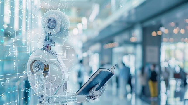 Humanoid ai robot with book surrounded by holographic math formulas in blurred background