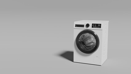 Front-loading washing machine, modern design, digital display, white, control panel, door handle. 3d render