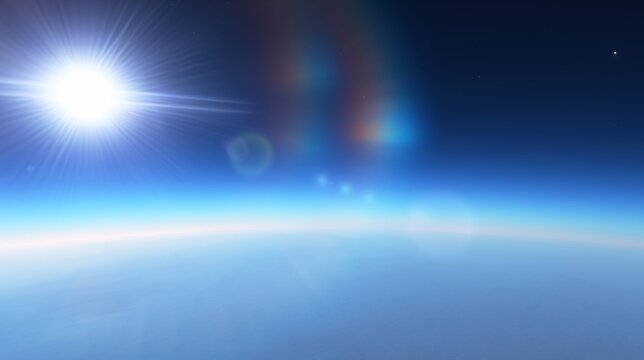 Bright sun with lens flare over Earth atmosphere, space background with stars. 3d render