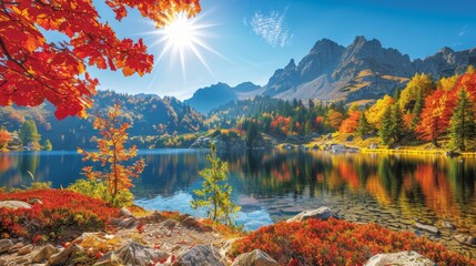 Vibrant high tatra lake at autumn sunrise with mountains and pine forest reflections - obrazy, fototapety, plakaty