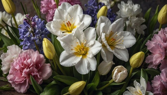 Photo of beautiful and colorful spring flowers. Floral spring background. 