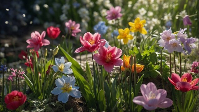 Photo of beautiful and colorful spring flowers. Floral spring background. 