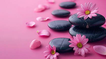 Obraz na płótnie Canvas Flat lay composition with black spa stones and flowers isolated on pink background with space for text