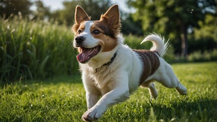 Photo of cute happy dog running on grass. Animal photography.