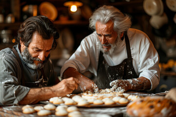 Two senior men in aprons working on baking cookies together - obrazy, fototapety, plakaty