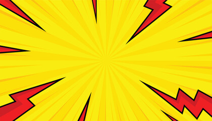 Pop art comic background with thunder flash. yellow comic design with thunder background, comic illustration in pop art style. cartoon frame, retro cover halftone effect © BhandariProductions