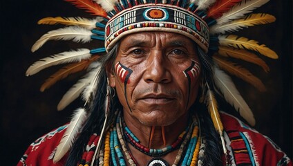 Portrait photo of indigenous man wearing native clothe.