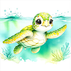 An illustration of a cute Sea turtle swimming gracefully in the ocean, rendered in watercolor style.