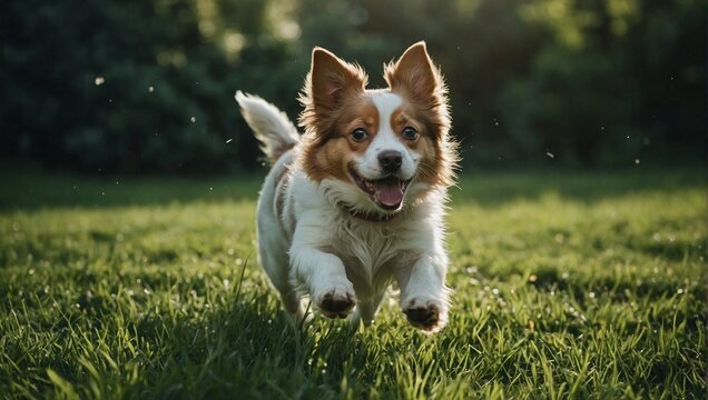 Photo of cute happy dog running on grass. Animal photography.