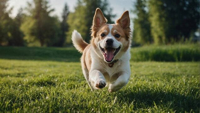 Photo of cute happy dog running on grass. Animal photography.
