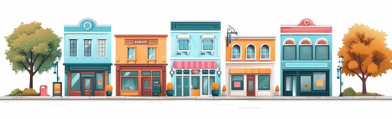 A row of small town buildings with storefront windows. - obrazy, fototapety, plakaty