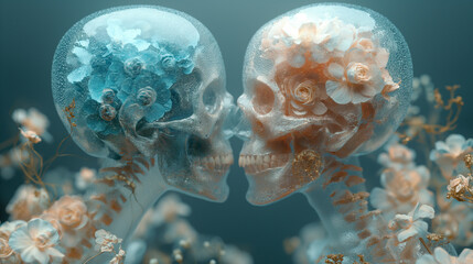Two transparent skeleton men were facing each other. Two skeleton lovers, a beautiful sight on a blue flower ground.