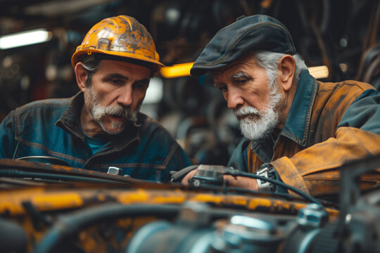 Old father and adult son repairing a car in a garage