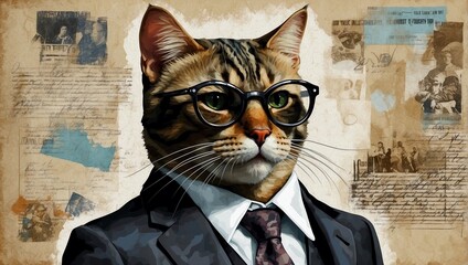 Abstract modern art collage portrait of businessman cat, wearing cap. Trendy paper collage...