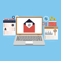 Email marketing campaigns and email promotions. online business strategy, Advertising, email newsletters, messaging, Characters send advertising letters and promotional offers with sales and discounts