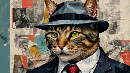 Abstract modern art collage portrait of mafia cat, wearing cap. Trendy paper collage composition