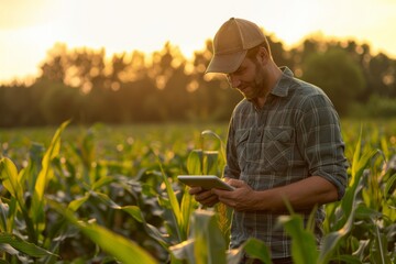A modern farmer stands in a corn field, focused on a digital tablet in hand