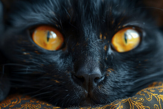 Detailed view of a black cat with striking yellow eyes