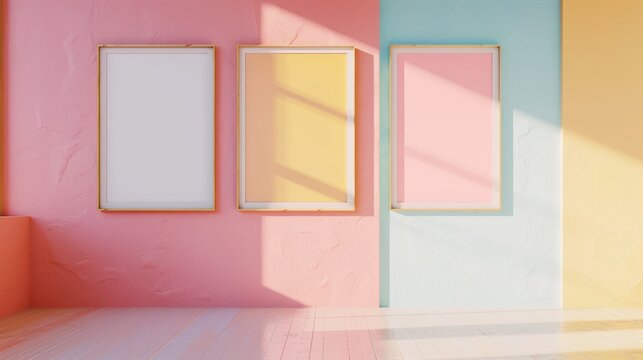 Unique entrance hall with empty blank mock up frame and wall with pastel colors. 