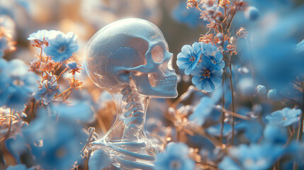 A transparent skeleton man. A lonely skeleton man, a beautiful view of a field of blue flowers, - obrazy, fototapety, plakaty
