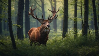 portrait photo of deer in green rainforest. wildlife nature photography