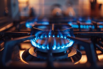 Close-up view of a gas stove with intense blue flames burning on a hob, displaying selective focus