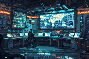 Modern high-tech futuristic control room or center