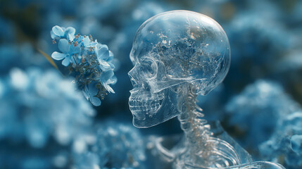 A transparent skeleton man. A lonely skeleton man, a beautiful view of a field of blue flowers, - obrazy, fototapety, plakaty