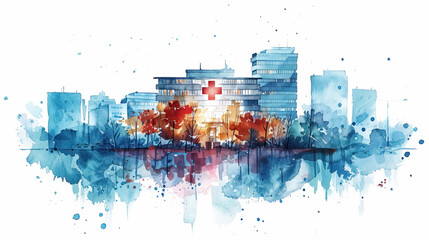 illustration of hospital building , watercolor hand drawn art isolated on white background