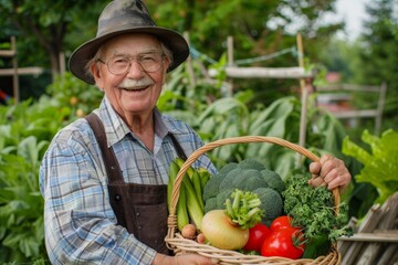 Senior man smiles while holding a basket of freshly harvested vegetables in his garden