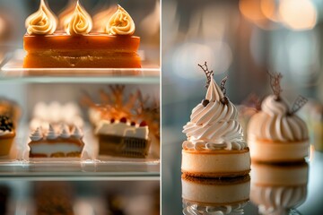 A display case at a patisserie counter is filled with various types of desserts and small cakes ready for customers - Powered by Adobe