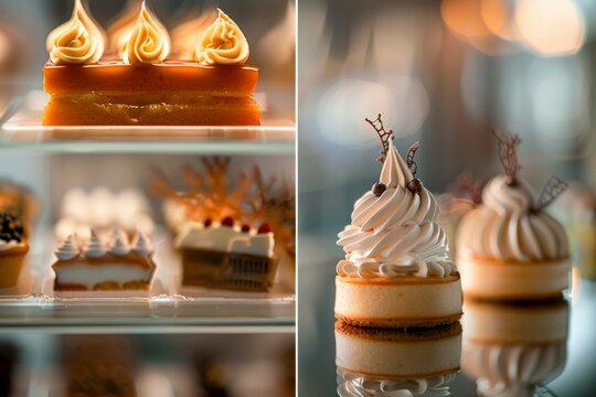 A display case at a patisserie counter is filled with various types of desserts and small cakes ready for customers