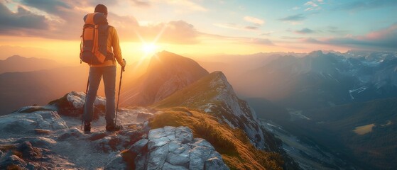 Adventurous spirit facing sweeping mountain vistas, encapsulating the essence of hiking, exploration, and outdoor travel