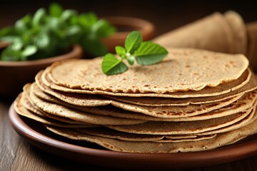 Buckwheat crepes versatile gluten free delight for sweet or savory fillings on rustic wooden table - obrazy, fototapety, plakaty