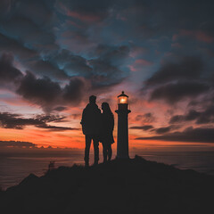 A young couple about to get engaged in front of a lighthouse at sunset. The man is proposing to the woman. - obrazy, fototapety, plakaty