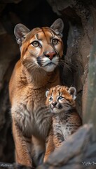 Male cougar and cub portrait, ample space on the left for text, object on the right side