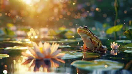 common water frog on a green pond; the frogs are also known as the European common frog or European grass frog.