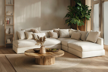 Salon avec un canapé beige dans un environnement moderne et très lumineux avec de grandes plantes et une décoration en bois.