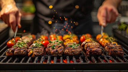 Close-up of juicy, grilled steak seasoned with fresh herbs, accompanied by a vibrant skewer of cherry tomatoes, sizzling over an open flame on a charcoal grill,  - obrazy, fototapety, plakaty