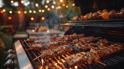  The rustic charm of a twilight garden barbecue, with fire-kissed steaks taking center stage on the grill, gathering evening