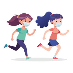 Fototapeta na wymiar Two girl runners with medical masks flat vector illustration